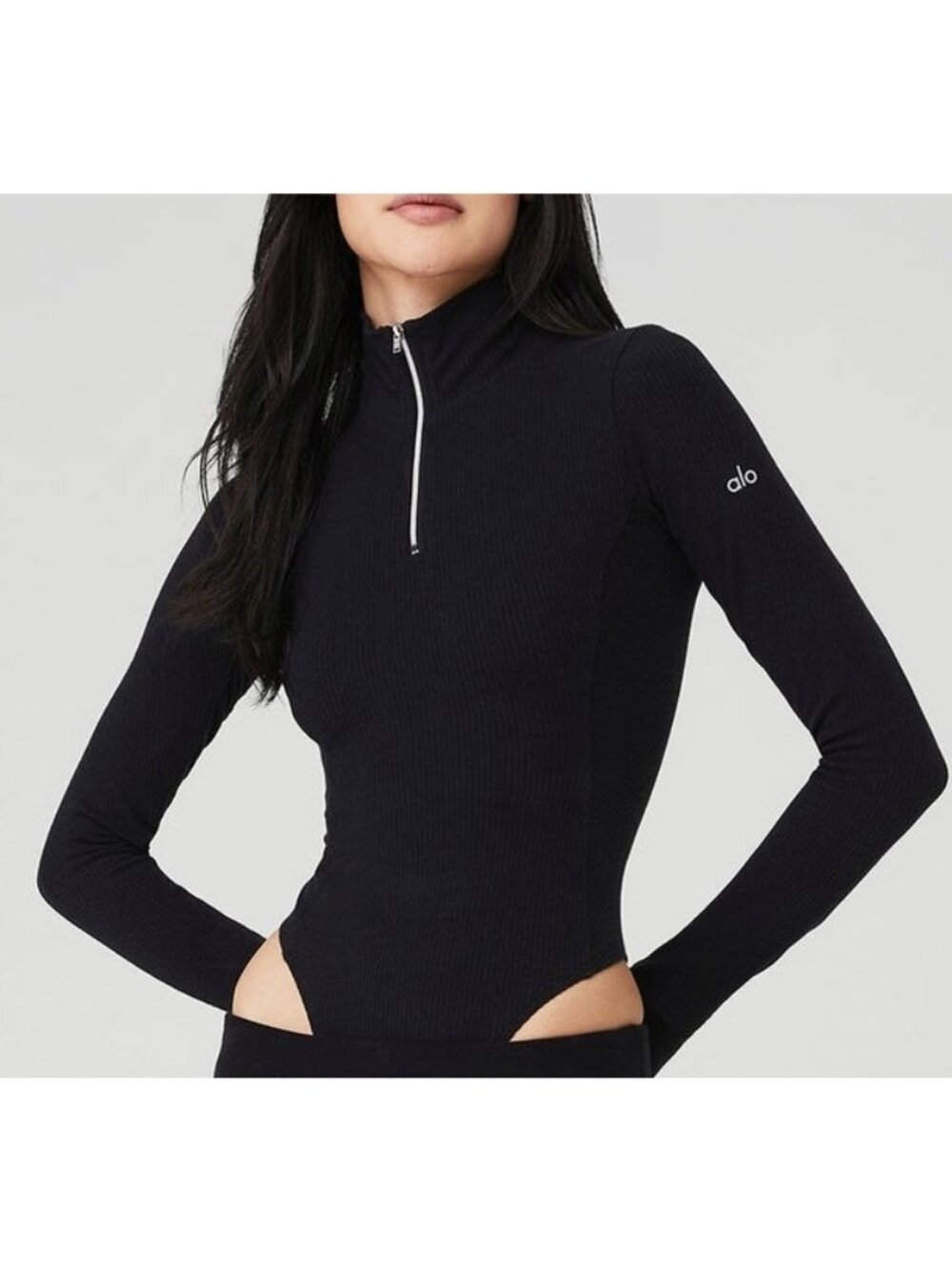 Alo Rise Up Long Sleeve Bodysuit Black Mock Neck Zip-Up Turtleneck Stretchy Rib
